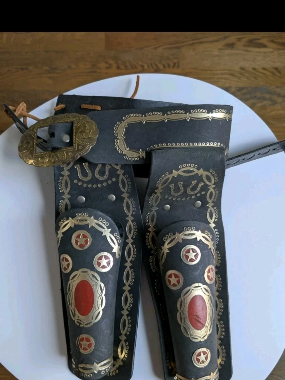 VTG Western Leather Double Holster Gun Belt Cowboy Costume Toy Gold Star Buckle